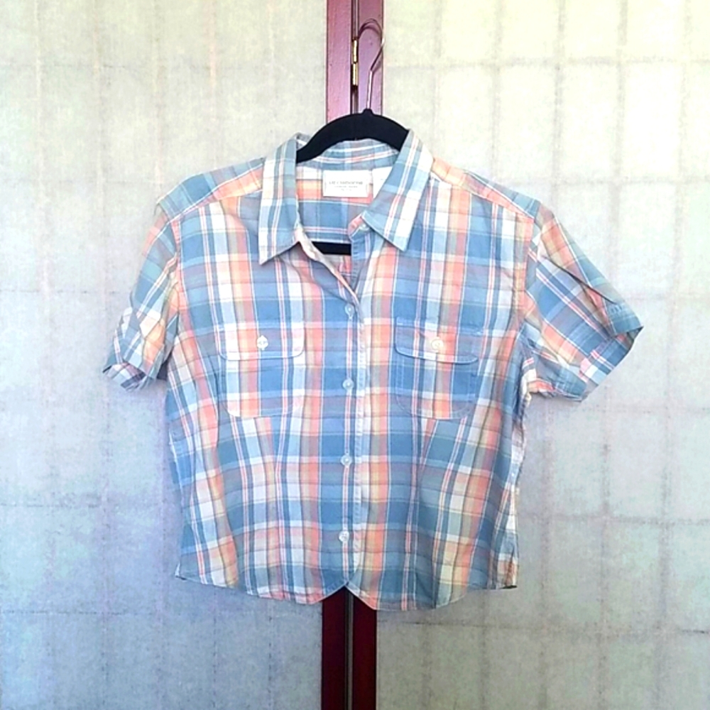 🎉HP🎉 Liz Claiborne Pink/blue plaid crop top SP
